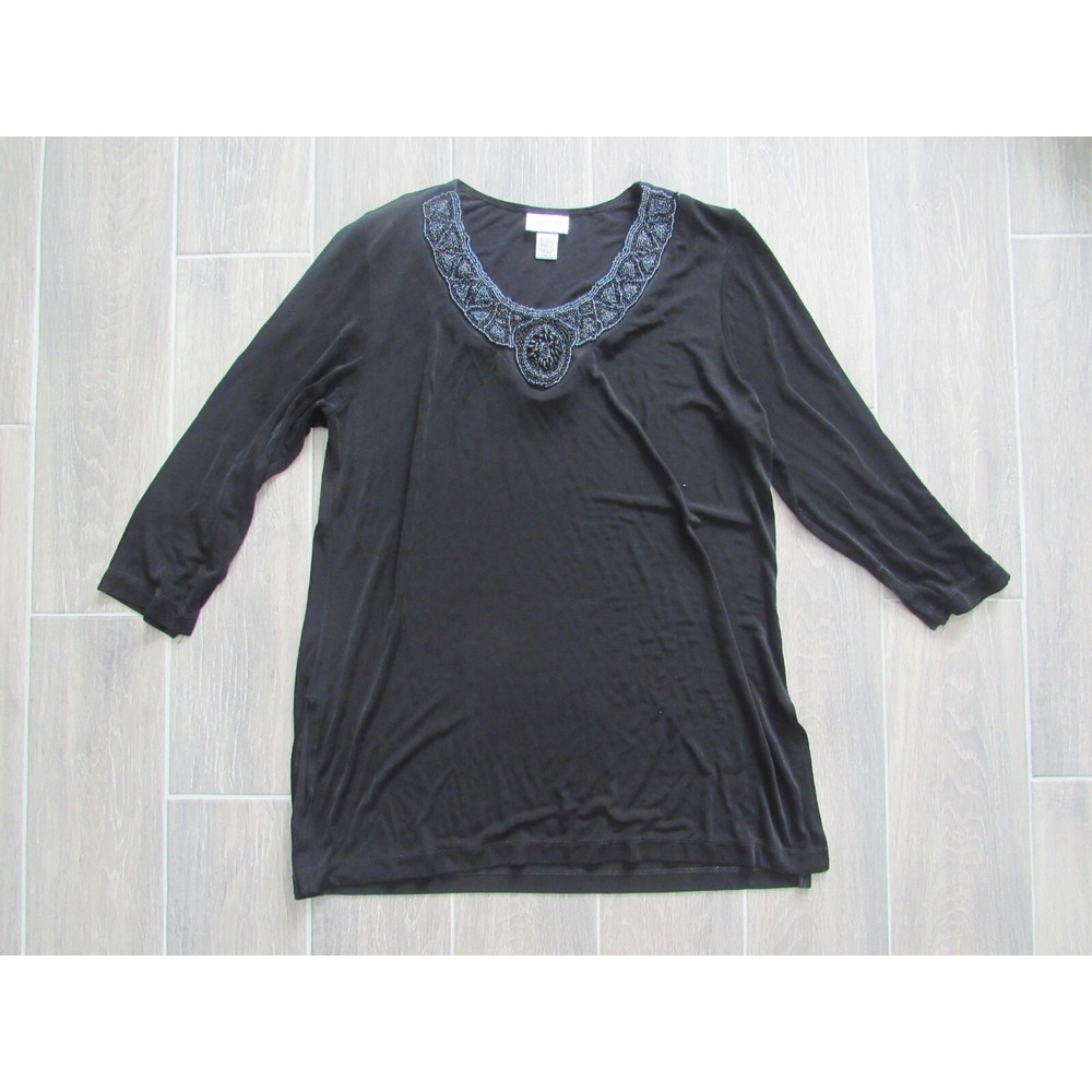 Chicos Travelers Womens Tunic Top S-ze 3 Black Beaded Long‎ Sleeve XL Acetate